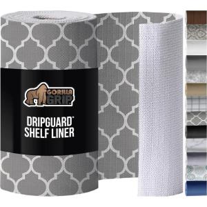 GORILLA GRIP DripGuard Shelf Liner, Non-Adhesive Drawer and Kitchen Cabinet Protector, Strong Grip Slip Resistant Underside, Smooth Surface Liners for Cabinets, Bathrooms, Closets, 17.5×240 Inch, Gray(White/Gray)