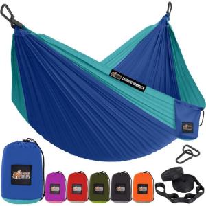 GORILLA GRIP Durable Camping Hammock with Heavy Duty Tree Straps, Portable Hammocks for Outside, Easy to Use Travel Swing Chair, Outdoor Camper Hiker Essentials, Backpacking Gear Gifts, Single, Blue(Dark Blue/Light Blue)