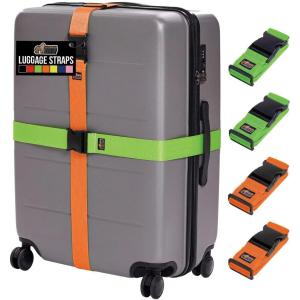 GORILLA GRIP Heavy Duty 4 Pack Adjustable Luggage Straps for Suitcases, Easy to Identify Travel Belt Connector Holds Suitcase Together, Extends Life of Bag, Strap Connects Two Bags, Accessories Blue(Green/Orange)