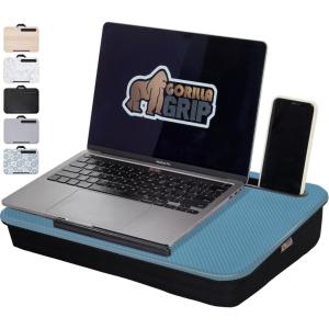 GORILLA GRIP Laptop Lap Desk with Phone Holder, Pillow Cushion Desks Fit Laptops up to 15.6″, Gifts for Home, Portable Travel Workstation, Tray Ledge Keep Computers in Place, Light Wood Color(Sky Blue)