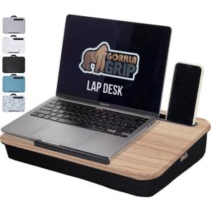 GORILLA GRIP Laptop Lap Desk with Phone Holder, Pillow Cushion Desks Fit Laptops up to 15.6″, Gifts for Home, Portable Travel Workstation, Tray Ledge Keep Computers in Place, Light Wood Color(Light Wood)