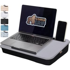 GORILLA GRIP Laptop Lap Desk with Phone Holder, Pillow Cushion Desks Fit Laptops up to 15.6″, Gifts for Home, Portable Travel Workstation, Tray Ledge Keep Computers in Place, Light Wood Color(Gray)