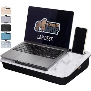 GORILLA GRIP Laptop Lap Desk with Phone Holder, Pillow Cushion Desks Fit Laptops up to 15.6″, Gifts for Home, Portable Travel Workstation, Tray Ledge Keep Computers in Place, Light Wood Color(Marble)