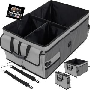 GORILLA GRIP Large Capacity Sturdy Trunk Storage Organizer, Slip and Water Resistant Collapsible Organization Container, Holiday Gifts for Men, Women, Multi Compartment Car or SUV Accessories, Black(Gray)