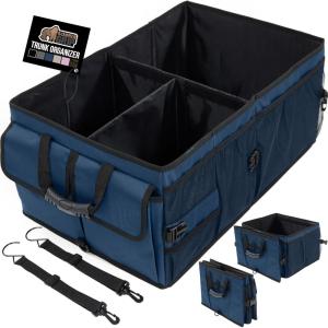 GORILLA GRIP Large Capacity Sturdy Trunk Storage Organizer, Slip and Water Resistant Collapsible Organization Container, Holiday Gifts for Men, Women, Multi Compartment Car or SUV Accessories, Black(Blue)