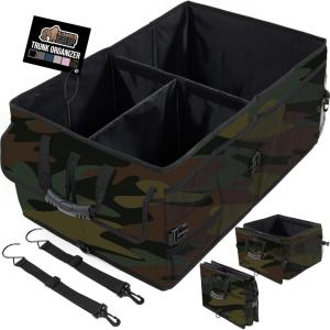 GORILLA GRIP Large Capacity Sturdy Trunk Storage Organizer, Slip and Water Resistant Collapsible Organization Container, Holiday Gifts for Men, Women, Multi Compartment Car or SUV Accessories, Black(Camo)