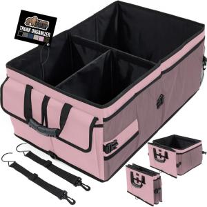 GORILLA GRIP Large Capacity Sturdy Trunk Storage Organizer, Slip and Water Resistant Collapsible Organization Container, Holiday Gifts for Men, Women, Multi Compartment Car or SUV Accessories, Black(Pink)