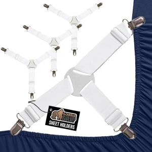 GORILLA GRIP Patent Pending Bed Sheet Holders, Adjustable Elastic Fasteners with Metal Clips, Keep in Place Fitted Bedding Straps, Firm Tight Suspenders for Mattress, US Designed, 4 Pack White(White)