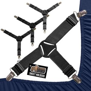GORILLA GRIP Patent Pending Bed Sheet Holders, Adjustable Elastic Fasteners with Metal Clips, Keep in Place Fitted Bedding Straps, Firm Tight Suspenders for Mattress, US Designed, 4 Pack White(Black)
