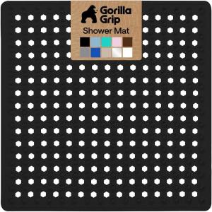 GORILLA GRIP Patented Square Shower Stall Mat, Small Bathtub Floor Mats for Stand Up Showers with Suction Cups and Drainage Holes, Machine Wash, Soft on Feet, Bathroom Accessories 21×21 Inch, Clear(Black (Opaque))