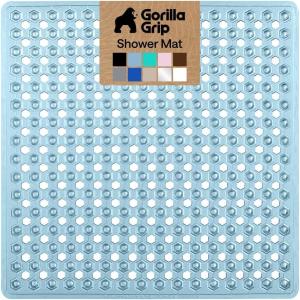 GORILLA GRIP Patented Square Shower Stall Mat, Small Bathtub Floor Mats for Stand Up Showers with Suction Cups and Drainage Holes, Machine Wash, Soft on Feet, Bathroom Accessories 21×21 Inch, Clear(Blue (Translucent))