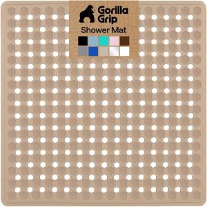 GORILLA GRIP Patented Square Shower Stall Mat, Small Bathtub Floor Mats for Stand Up Showers with Suction Cups and Drainage Holes, Machine Wash, Soft on Feet, Bathroom Accessories 21×21 Inch, Clear(Beige (Opaque))