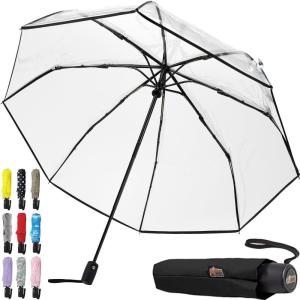 GORILLA GRIP Strong Windproof Stick Compact Umbrella for Rain, One-Click Automatic Open and Close, Durable Quick Dry Waterproof Material, Lightweight and Portable, Travel Size Fits Backpack, Black(Clear)