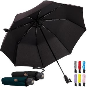 GORILLA GRIP Strong Windproof Stick Compact Umbrella for Rain, One-Click Automatic Open and Close, Durable Quick Dry Waterproof Material, Lightweight and Portable, Travel Size Fits Backpack, Black(Black + Hunter Green)