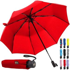 GORILLA GRIP Strong Windproof Stick Compact Umbrella for Rain, One-Click Automatic Open and Close, Durable Quick Dry Waterproof Material, Lightweight and Portable, Travel Size Fits Backpack, Black(Red)