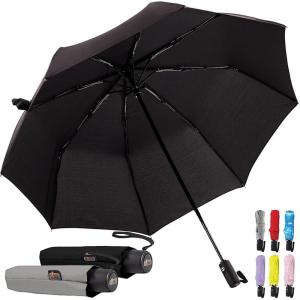GORILLA GRIP Strong Windproof Stick Compact Umbrella for Rain, One-Click Automatic Open and Close, Durable Quick Dry Waterproof Material, Lightweight and Portable, Travel Size Fits Backpack, Black(Black + Gray)