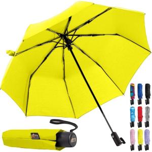 GORILLA GRIP Strong Windproof Stick Compact Umbrella for Rain, One-Click Automatic Open and Close, Durable Quick Dry Waterproof Material, Lightweight and Portable, Travel Size Fits Backpack, Black(Yellow)