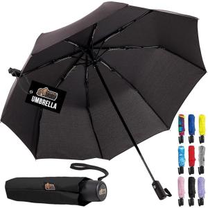 GORILLA GRIP Strong Windproof Stick Compact Umbrella for Rain, One-Click Automatic Open and Close, Durable Quick Dry Waterproof Material, Lightweight and Portable, Travel Size Fits Backpack, Black(Black)