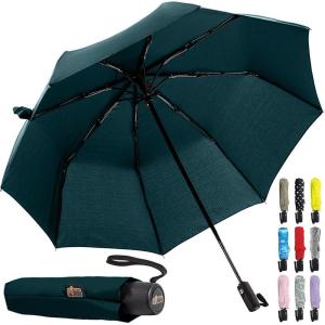 GORILLA GRIP Strong Windproof Stick Compact Umbrella for Rain, One-Click Automatic Open and Close, Durable Quick Dry Waterproof Material, Lightweight and Portable, Travel Size Fits Backpack, Black(Hunter Green)