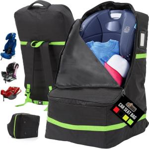 GORILLA GRIP Tear and Water Resistant Padded Car Seat Travel Bag for Airplane and Airport, Universal Fit Baby Carseat Bags, Holds Up to 50lbs, Handle & Shoulder Straps, Air Gate Check Carrier, Green(Green)