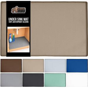 GORILLA GRIP Waterproof Silicone Under Sink Mat with Raised Lip for Kitchen and Bathroom, Cabinet Shelf Liner Stay in Place Mats Dishwasher Safe Drawer Liner, Organizer Tray, 19 x 22 in, Gray(Beige)