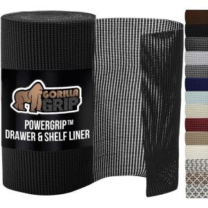 GORILLA GRIP powerGRIP Drawer Shelf and Cabinet Liner, Thick Strong Hold, Non-Adhesive Liners Protect Kitchen Cabinets and Cupboard, Bathroom Drawers, Easy Install, Breathable Mat, 12″ x20′, Gray(Black)