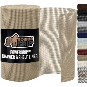 GORILLA GRIP powerGRIP Drawer Shelf and Cabinet Liner, Thick Strong Hold, Non-Adhesive Liners Protect Kitchen Cabinets and Cupboard, Bathroom Drawers, Easy Install, Breathable Mat, 12″ x20′, Gray(Beige)