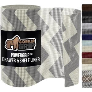 GORILLA GRIP powerGRIP Drawer Shelf and Cabinet Liner, Thick Strong Hold, Non-Adhesive Liners Protect Kitchen Cabinets and Cupboard, Bathroom Drawers, Easy Install, Breathable Mat, 12″ x20′, Gray(Chevron: Gray/White)