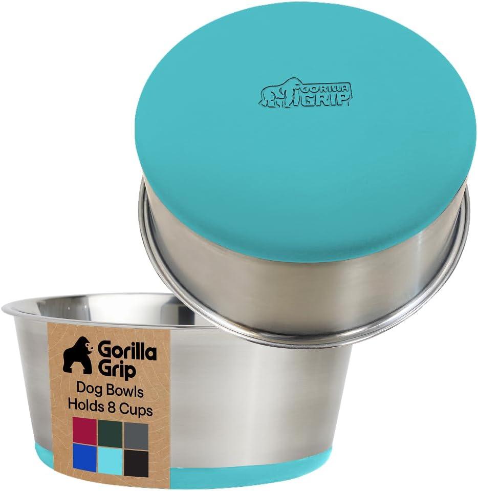 imageGORILLA GRIP Dog Bowls Holds 2 Cups Each 16 fl oz Heavy Duty Stainless Steel Food and Water Bowl for Feeding Dogs and Cats Dishwasher Safe Rust Resistant BPA Free Rubber Base Set of 2 BlackTurquoise