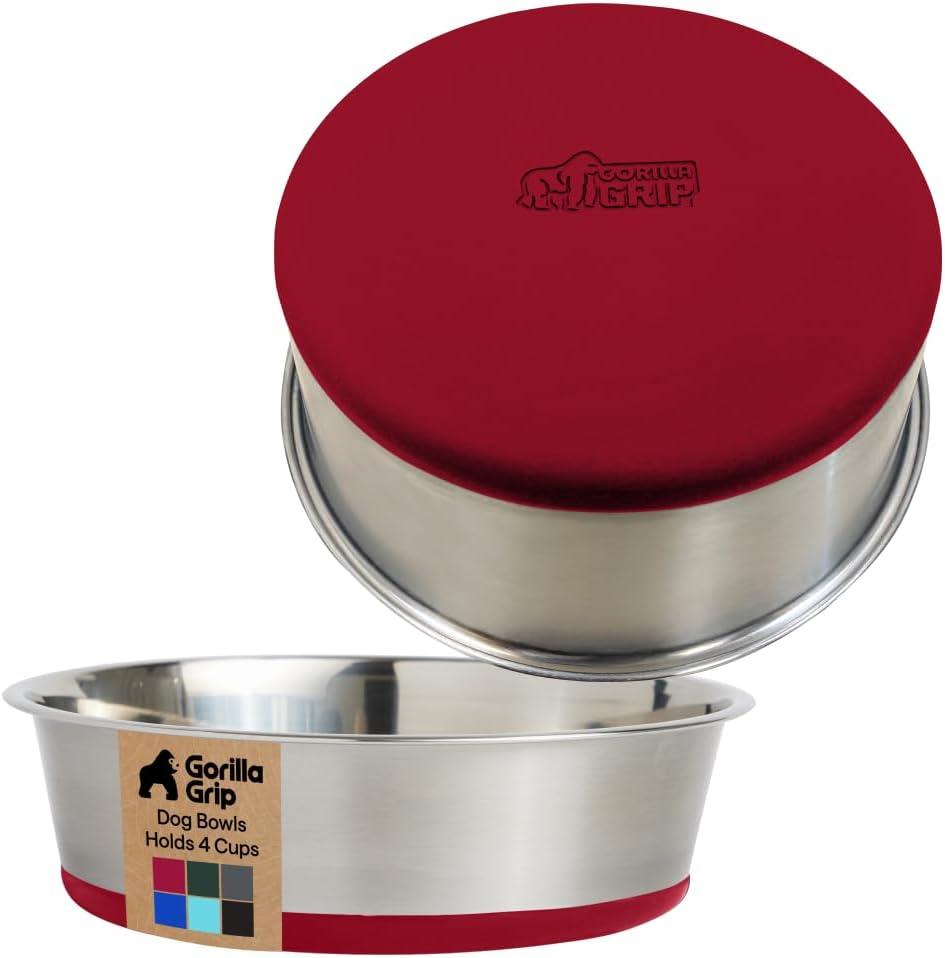 imageGORILLA GRIP Dog Bowls Holds 2 Cups Each 16 fl oz Heavy Duty Stainless Steel Food and Water Bowl for Feeding Dogs and Cats Dishwasher Safe Rust Resistant BPA Free Rubber Base Set of 2 BlackRed