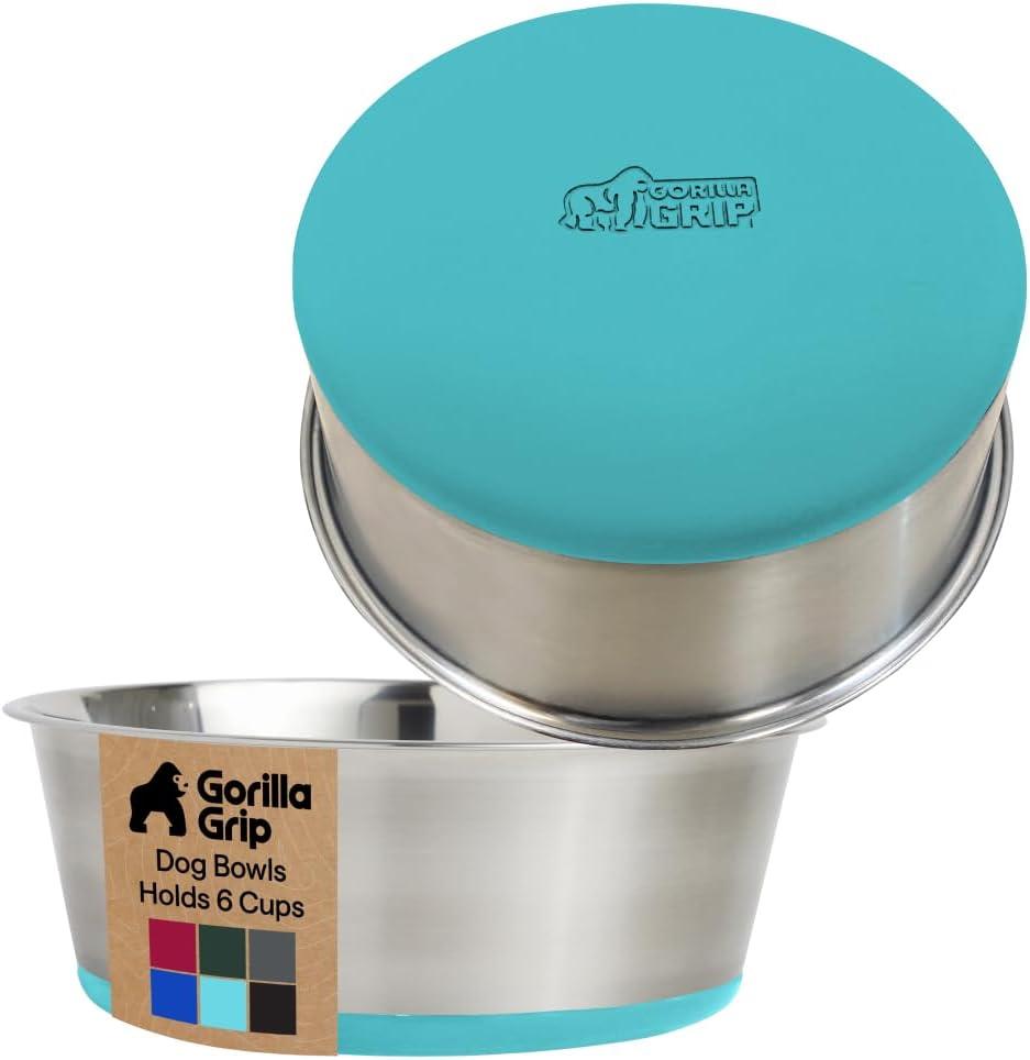 imageGORILLA GRIP Dog Bowls Holds 2 Cups Each 16 fl oz Heavy Duty Stainless Steel Food and Water Bowl for Feeding Dogs and Cats Dishwasher Safe Rust Resistant BPA Free Rubber Base Set of 2 BlackTurquoise