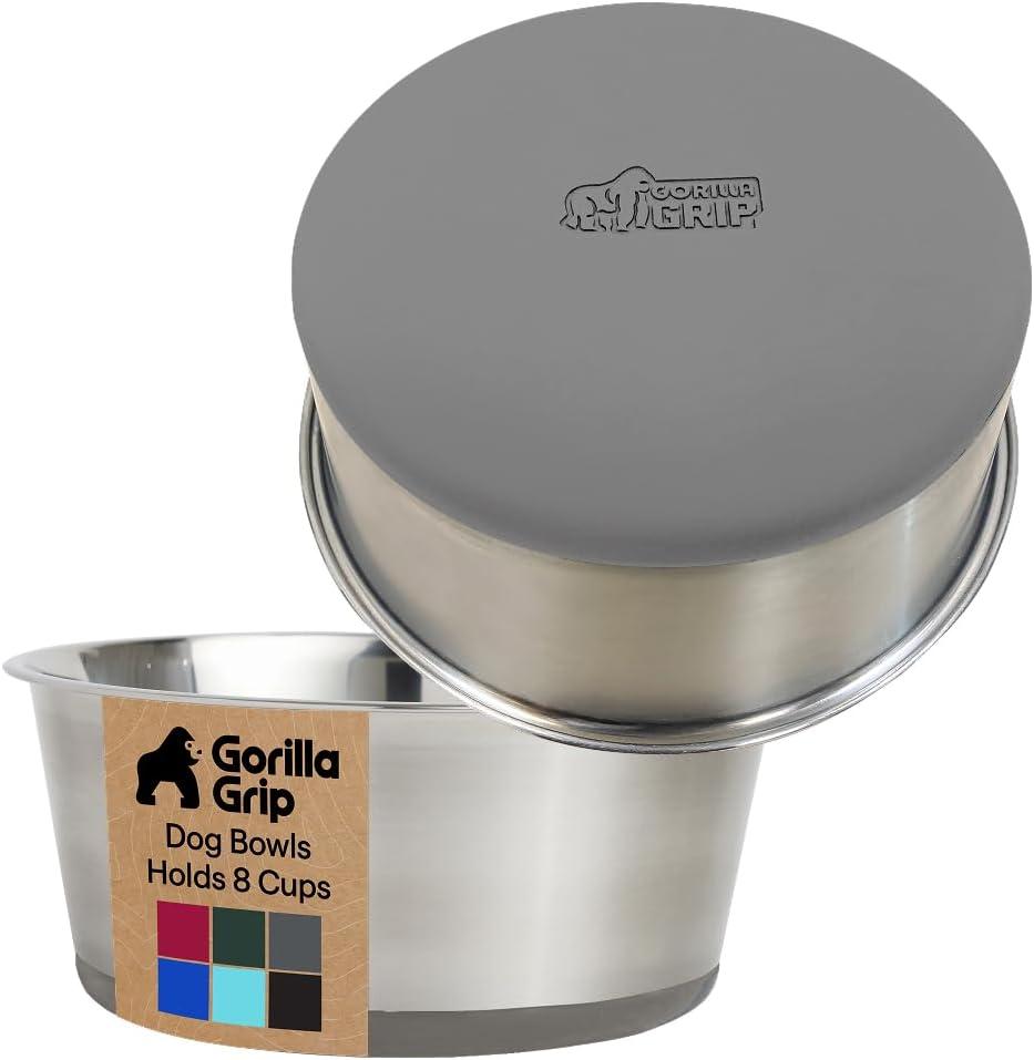 imageGORILLA GRIP Dog Bowls Holds 2 Cups Each 16 fl oz Heavy Duty Stainless Steel Food and Water Bowl for Feeding Dogs and Cats Dishwasher Safe Rust Resistant BPA Free Rubber Base Set of 2 BlackGray