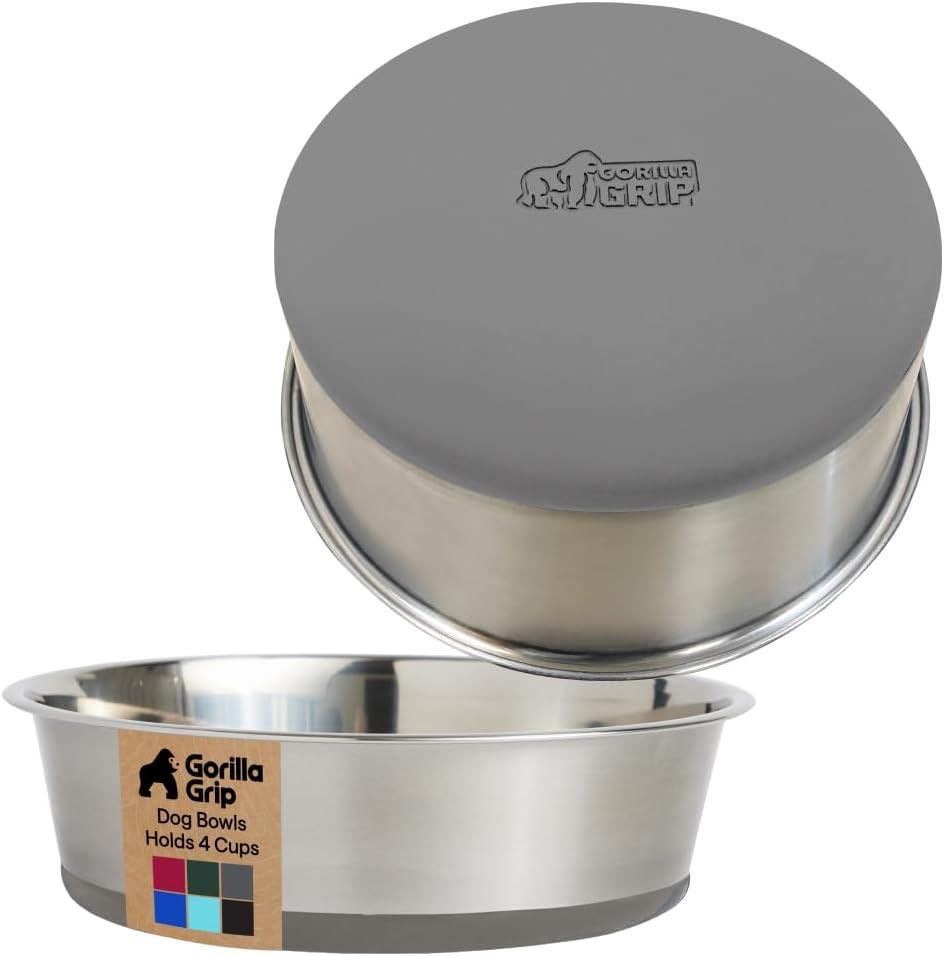 imageGORILLA GRIP Dog Bowls Holds 2 Cups Each 16 fl oz Heavy Duty Stainless Steel Food and Water Bowl for Feeding Dogs and Cats Dishwasher Safe Rust Resistant BPA Free Rubber Base Set of 2 BlackGray