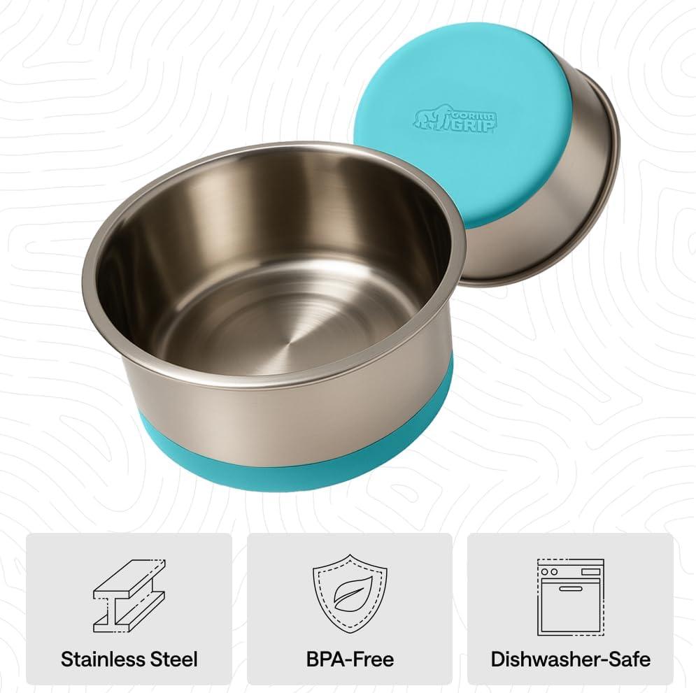 imageGORILLA GRIP Dog Bowls Holds 2 Cups Each 16 fl oz Heavy Duty Stainless Steel Food and Water Bowl for Feeding Dogs and Cats Dishwasher Safe Rust Resistant BPA Free Rubber Base Set of 2 BlackTurquoise