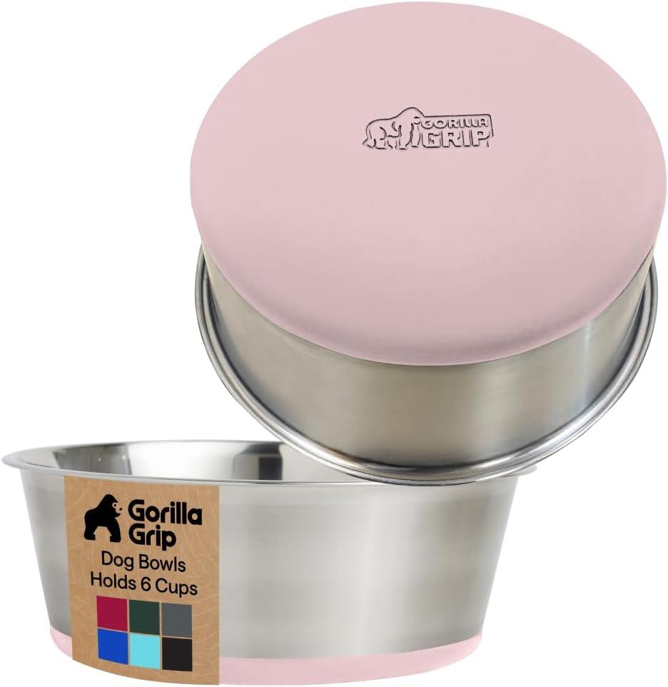 imageGORILLA GRIP Dog Bowls Holds 2 Cups Each 16 fl oz Heavy Duty Stainless Steel Food and Water Bowl for Feeding Dogs and Cats Dishwasher Safe Rust Resistant BPA Free Rubber Base Set of 2 BlackLight Pink