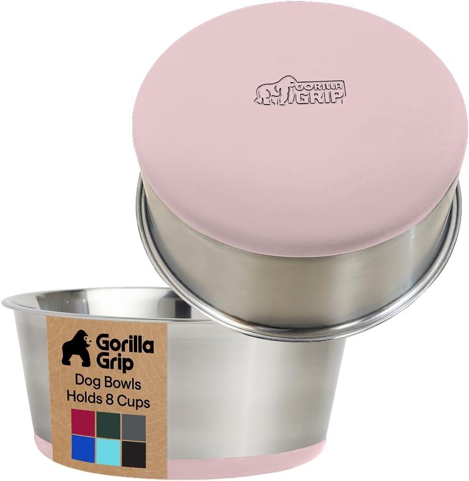 imageGORILLA GRIP Dog Bowls Holds 2 Cups Each 16 fl oz Heavy Duty Stainless Steel Food and Water Bowl for Feeding Dogs and Cats Dishwasher Safe Rust Resistant BPA Free Rubber Base Set of 2 BlackLight Pink