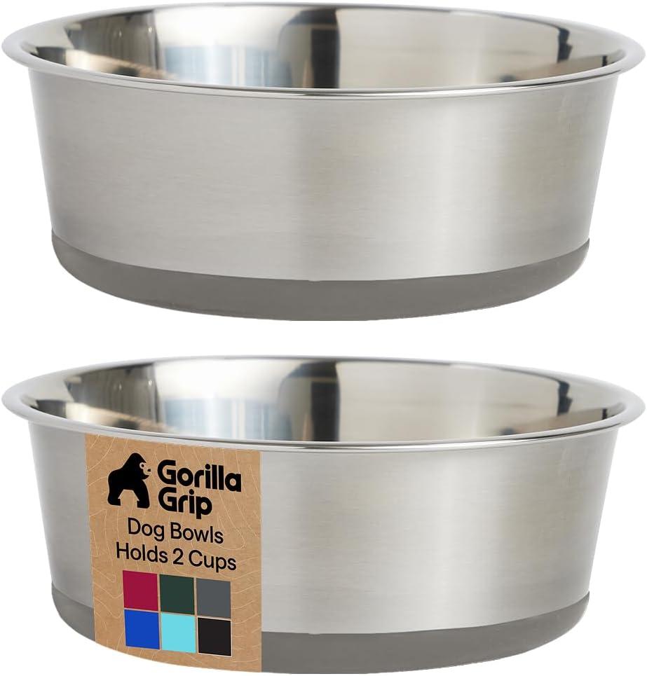 imageGORILLA GRIP Dog Bowls Holds 2 Cups Each 16 fl oz Heavy Duty Stainless Steel Food and Water Bowl for Feeding Dogs and Cats Dishwasher Safe Rust Resistant BPA Free Rubber Base Set of 2 BlackGray