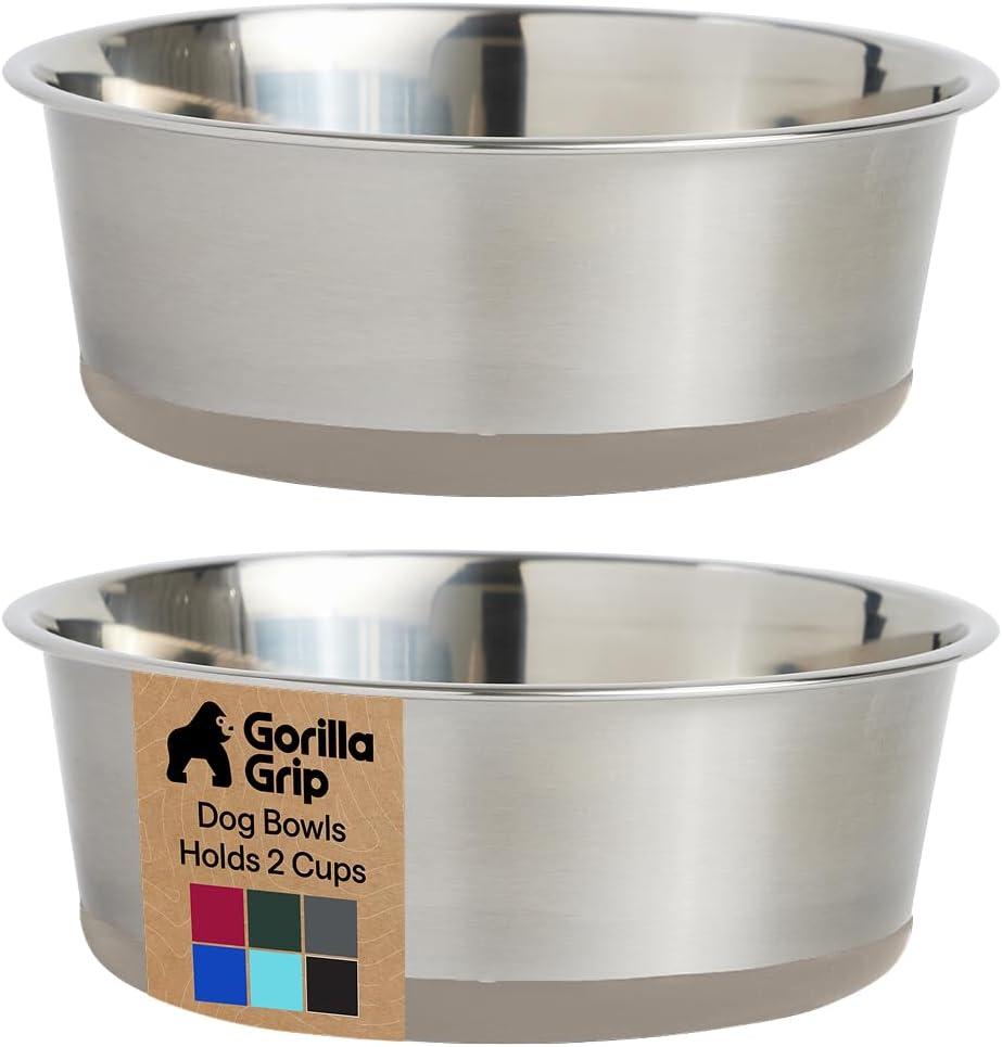 imageGORILLA GRIP Dog Bowls Holds 2 Cups Each 16 fl oz Heavy Duty Stainless Steel Food and Water Bowl for Feeding Dogs and Cats Dishwasher Safe Rust Resistant BPA Free Rubber Base Set of 2 BlackBeige