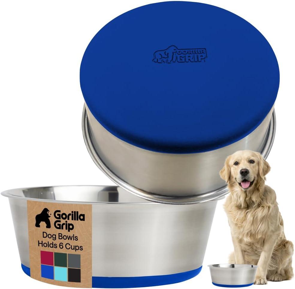 imageGORILLA GRIP Dog Bowls Holds 2 Cups Each 16 fl oz Heavy Duty Stainless Steel Food and Water Bowl for Feeding Dogs and Cats Dishwasher Safe Rust Resistant BPA Free Rubber Base Set of 2 BlackRoyal Blue