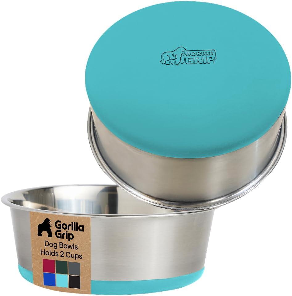 imageGORILLA GRIP Dog Bowls Holds 2 Cups Each 16 fl oz Heavy Duty Stainless Steel Food and Water Bowl for Feeding Dogs and Cats Dishwasher Safe Rust Resistant BPA Free Rubber Base Set of 2 BlackTurquoise