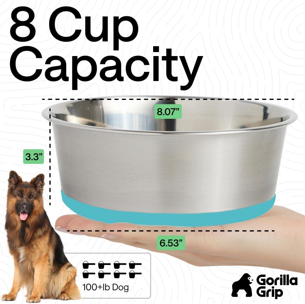 imageGORILLA GRIP Dog Bowls Holds 2 Cups Each 16 fl oz Heavy Duty Stainless Steel Food and Water Bowl for Feeding Dogs and Cats Dishwasher Safe Rust Resistant BPA Free Rubber Base Set of 2 BlackTurquoise
