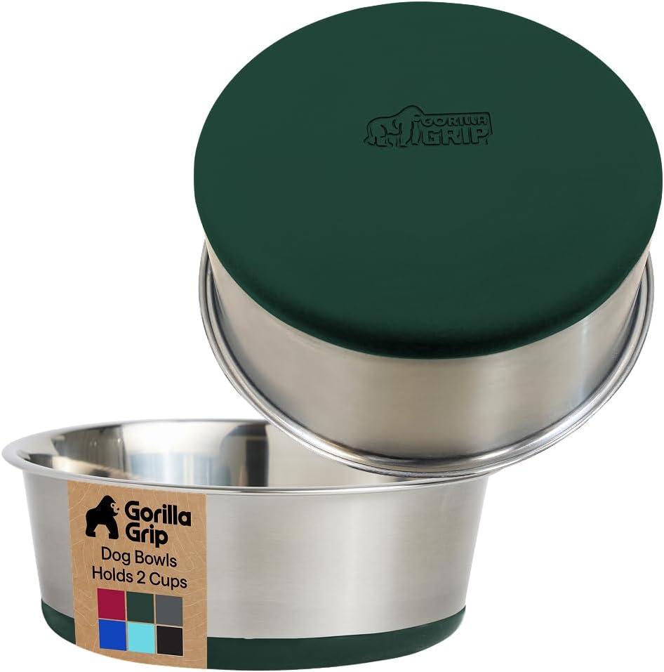 imageGORILLA GRIP Dog Bowls Holds 2 Cups Each 16 fl oz Heavy Duty Stainless Steel Food and Water Bowl for Feeding Dogs and Cats Dishwasher Safe Rust Resistant BPA Free Rubber Base Set of 2 BlackHunter Green