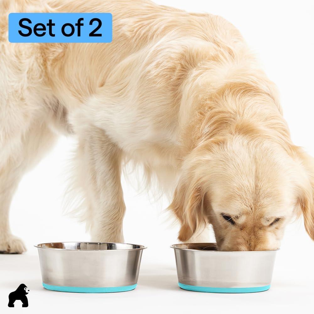 imageGORILLA GRIP Dog Bowls Holds 2 Cups Each 16 fl oz Heavy Duty Stainless Steel Food and Water Bowl for Feeding Dogs and Cats Dishwasher Safe Rust Resistant BPA Free Rubber Base Set of 2 BlackTurquoise