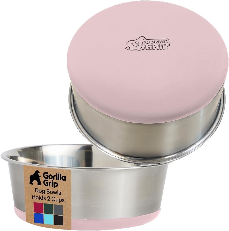 imageGORILLA GRIP Dog Bowls Holds 2 Cups Each 16 fl oz Heavy Duty Stainless Steel Food and Water Bowl for Feeding Dogs and Cats Dishwasher Safe Rust Resistant BPA Free Rubber Base Set of 2 BlackLight Pink