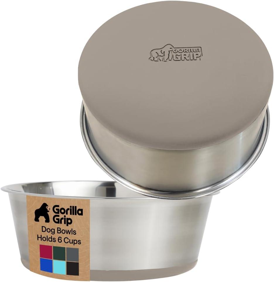 imageGORILLA GRIP Dog Bowls Holds 2 Cups Each 16 fl oz Heavy Duty Stainless Steel Food and Water Bowl for Feeding Dogs and Cats Dishwasher Safe Rust Resistant BPA Free Rubber Base Set of 2 BlackBeige