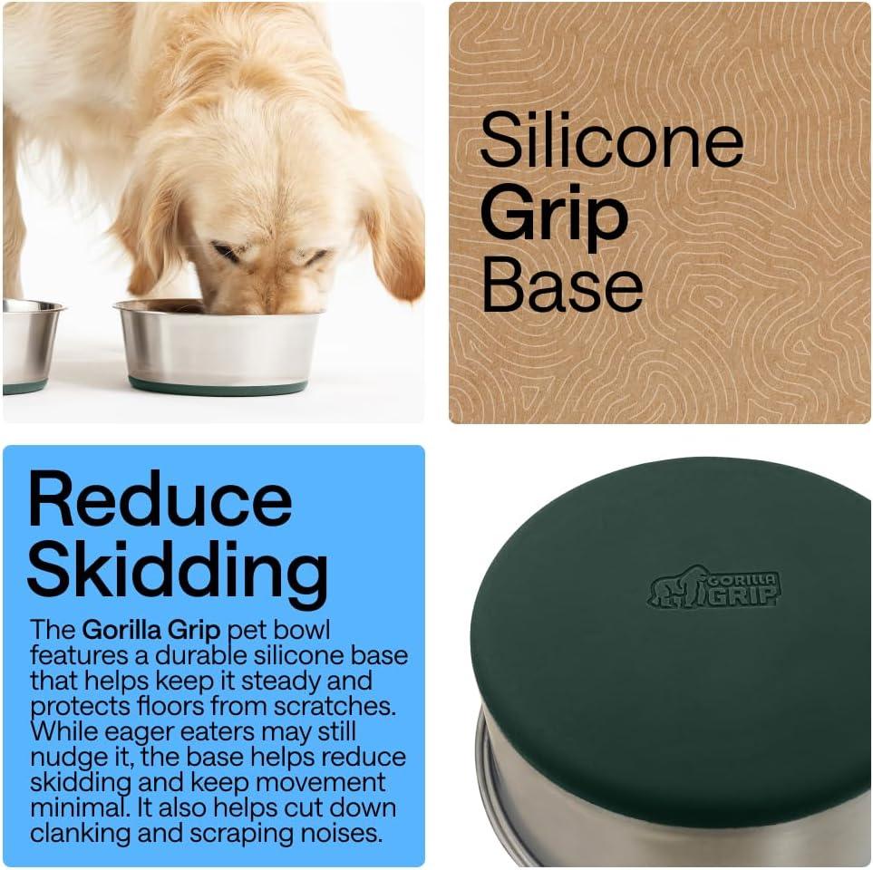 imageGORILLA GRIP Dog Bowls Holds 2 Cups Each 16 fl oz Heavy Duty Stainless Steel Food and Water Bowl for Feeding Dogs and Cats Dishwasher Safe Rust Resistant BPA Free Rubber Base Set of 2 BlackHunter Green