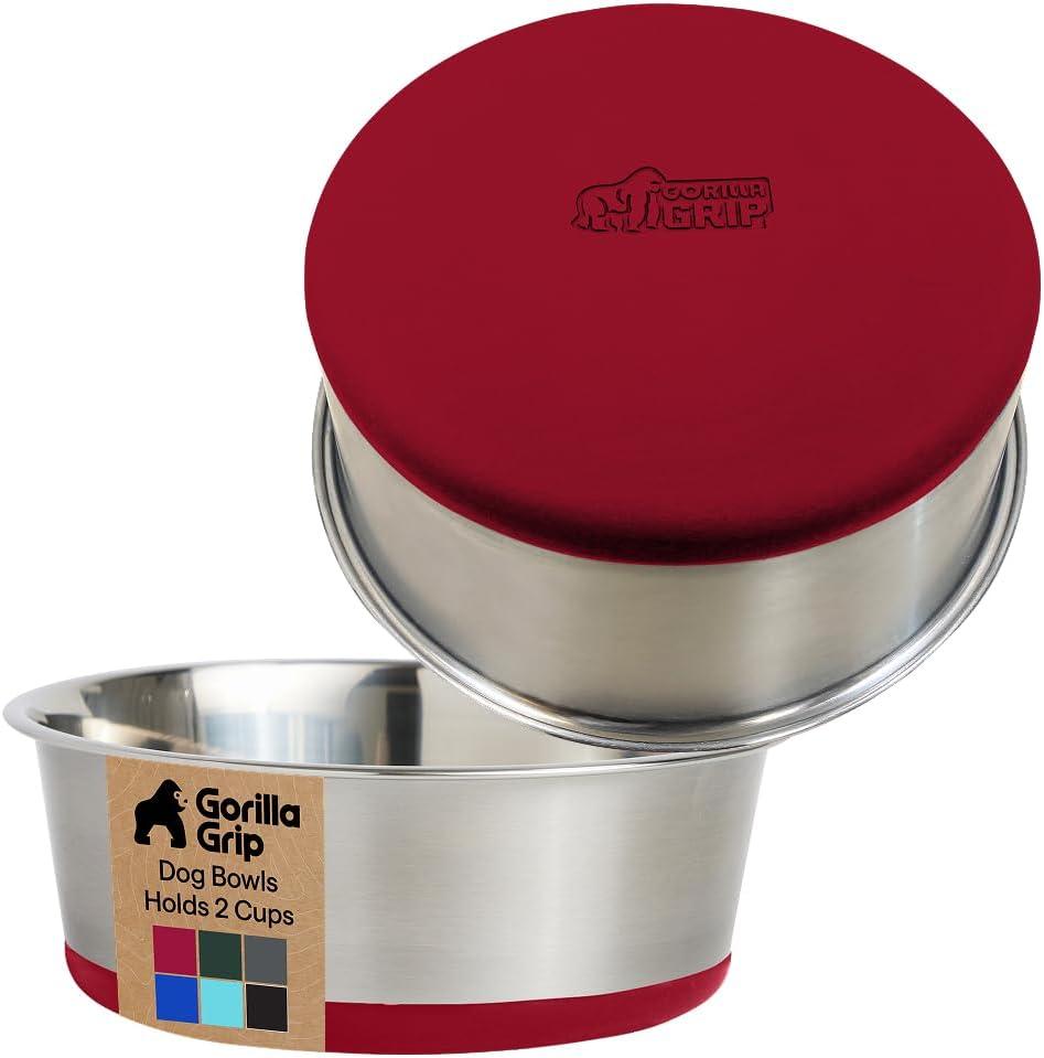 imageGORILLA GRIP Dog Bowls Holds 2 Cups Each 16 fl oz Heavy Duty Stainless Steel Food and Water Bowl for Feeding Dogs and Cats Dishwasher Safe Rust Resistant BPA Free Rubber Base Set of 2 BlackRed