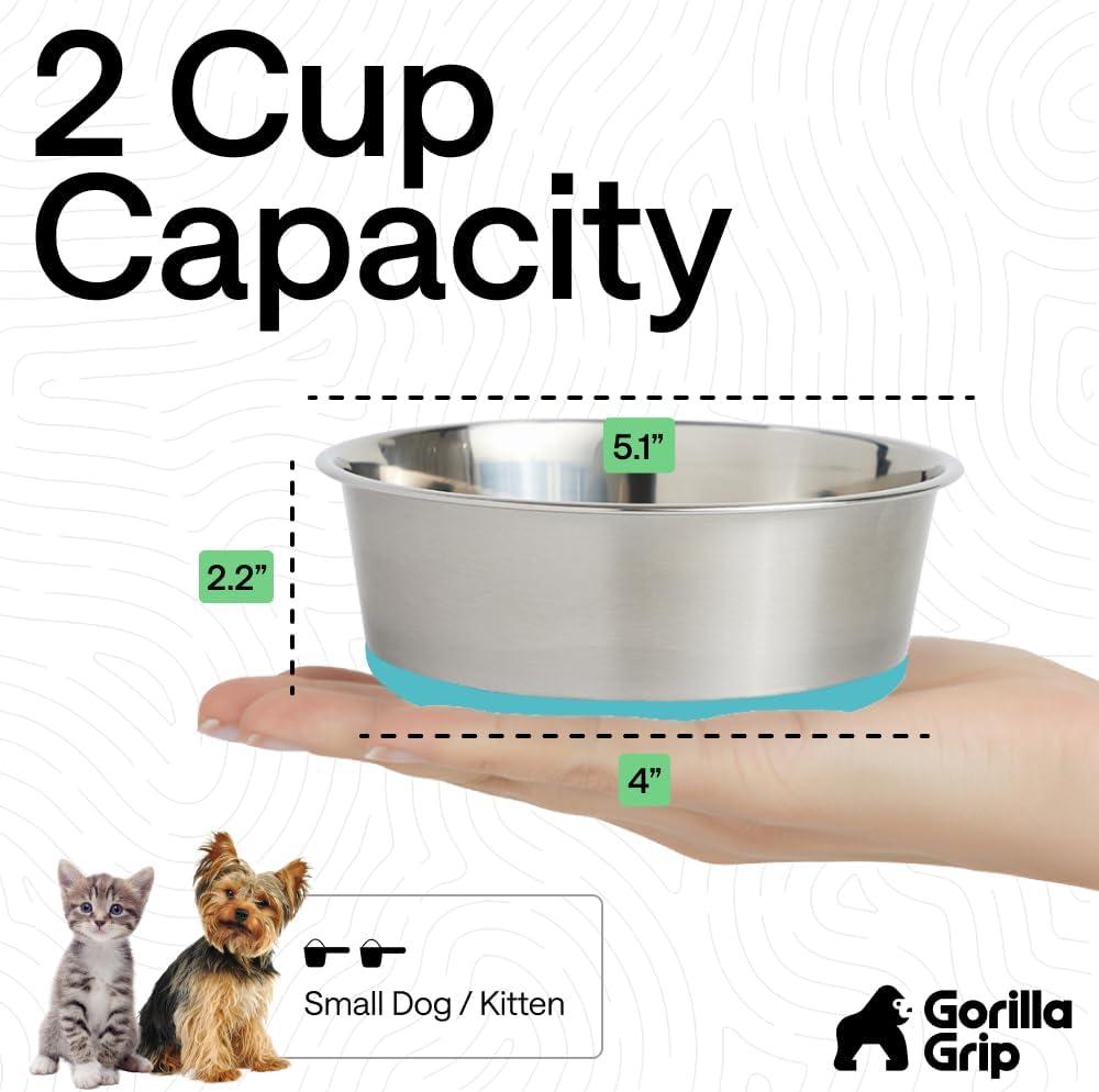 imageGORILLA GRIP Dog Bowls Holds 2 Cups Each 16 fl oz Heavy Duty Stainless Steel Food and Water Bowl for Feeding Dogs and Cats Dishwasher Safe Rust Resistant BPA Free Rubber Base Set of 2 BlackTurquoise