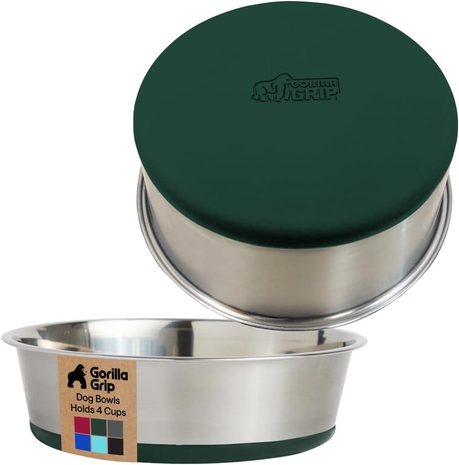 imageGORILLA GRIP Dog Bowls Holds 2 Cups Each 16 fl oz Heavy Duty Stainless Steel Food and Water Bowl for Feeding Dogs and Cats Dishwasher Safe Rust Resistant BPA Free Rubber Base Set of 2 BlackHunter Green