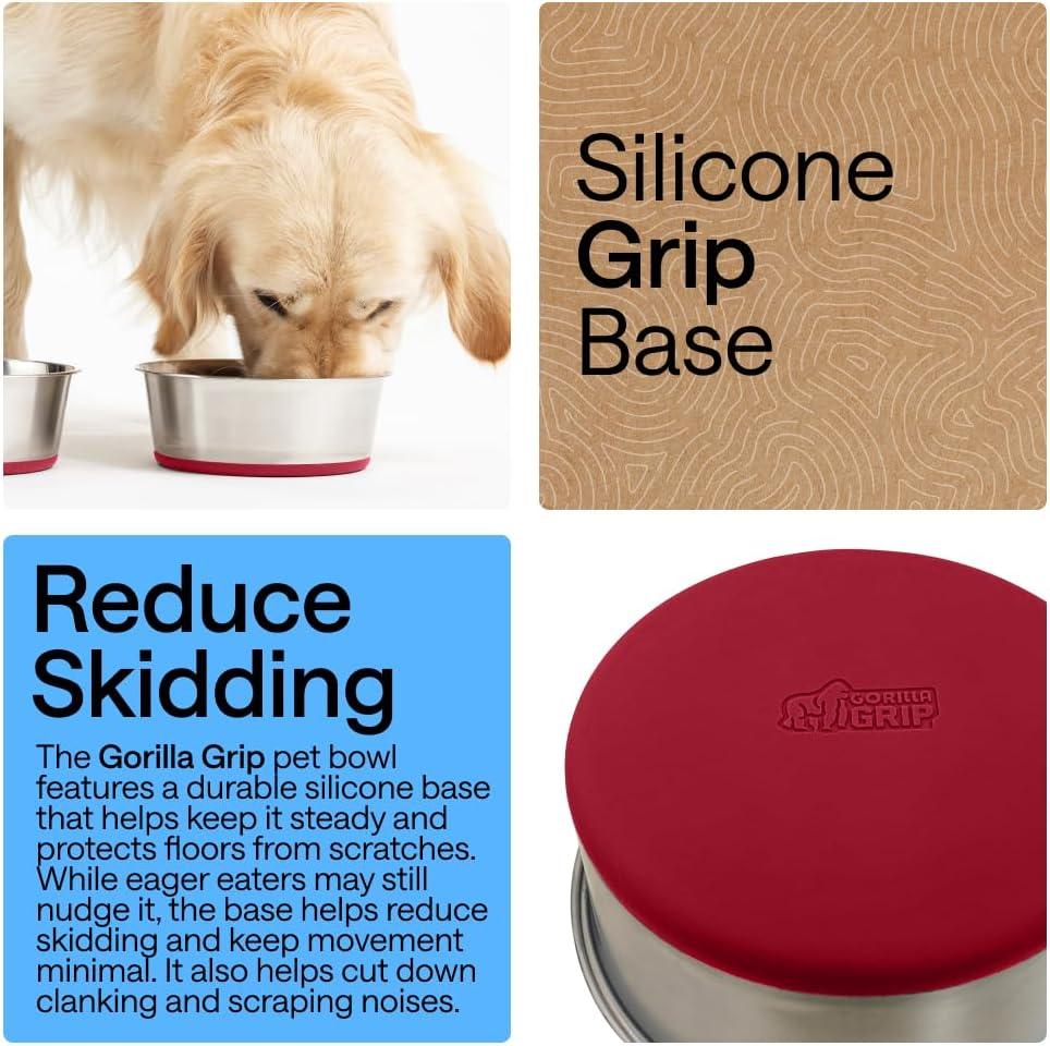 imageGORILLA GRIP Dog Bowls Holds 2 Cups Each 16 fl oz Heavy Duty Stainless Steel Food and Water Bowl for Feeding Dogs and Cats Dishwasher Safe Rust Resistant BPA Free Rubber Base Set of 2 BlackRed